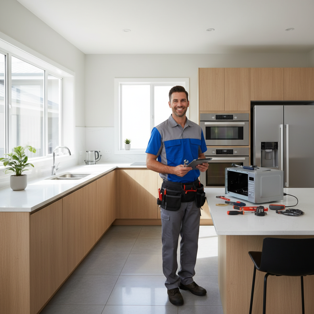 Bosch appliance repair technician in a modern kitchen